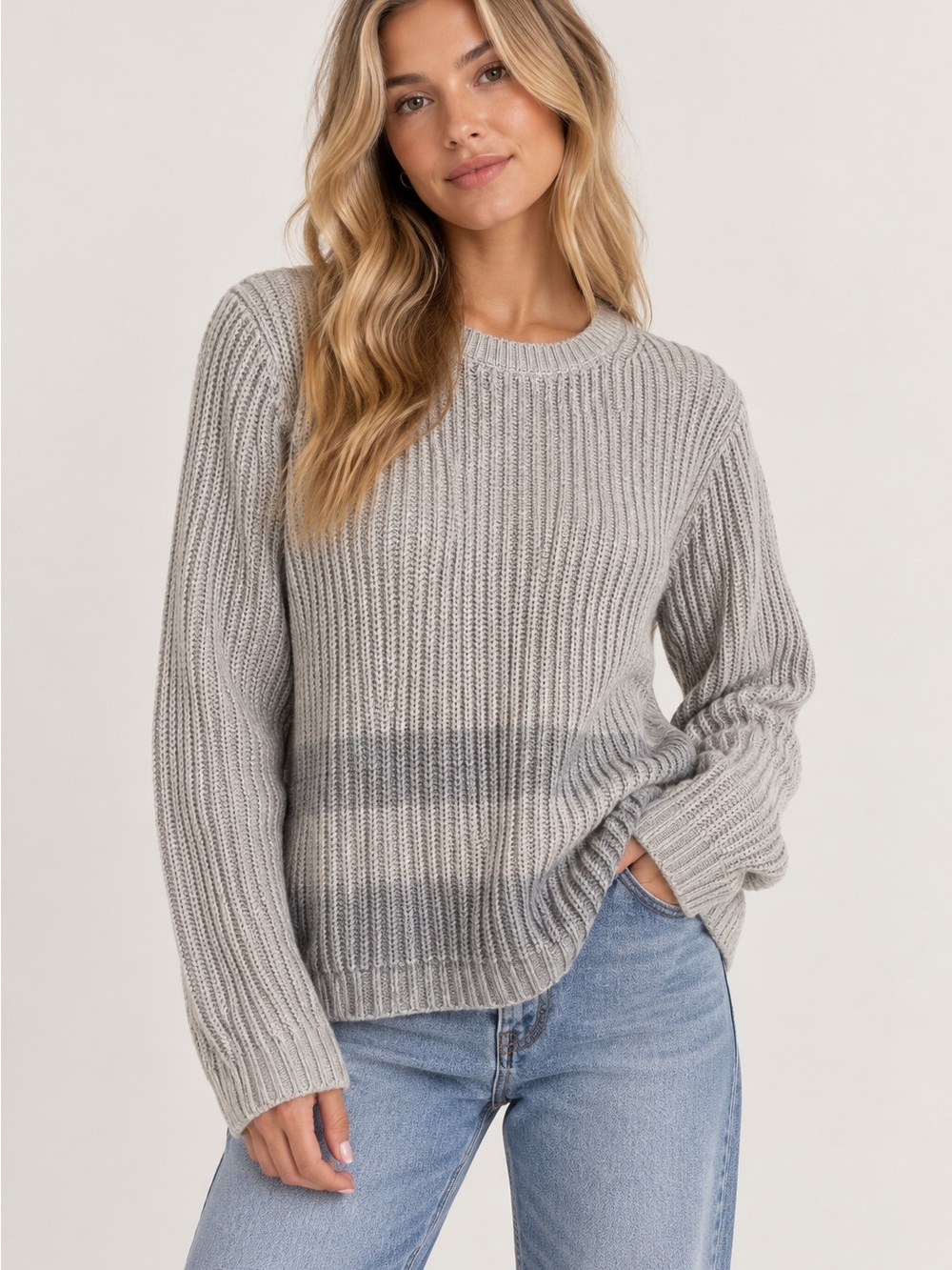 Vince Cashmere Wool Blend Light Gray Ribbed Crewneck Sweater - Women's